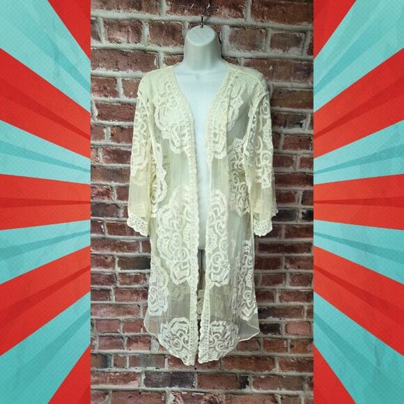 Poof New York Embroidered Mesh Kimono | Women’s Small | Floral Lightweight Robe - Picture 1 of 7